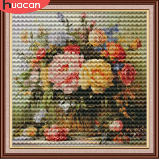 HUACAN Kreuzstich-Set mit Rosen-Blumenstickerei, 11-teiliges Set mit bedruckter Leinwand und DMC-Fäden in Multicolour zur Wanddekoration - Bild 1