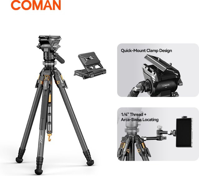 COMAN T1S V5 Reisestativ aus Kohlefaser mit Ein-Klick-Schnellverschluss und Panorama-Gimbal-Videokopf in Schwarz für DSLR-Kameras von DJI und Manfrotto - Bild 1