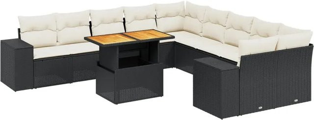 vidaXL 11-tlg. Garten-Sofagarnitur in L-Form aus Polyrattan und Akazienholz mit Kissen in Schwarz und Cremeweiß - Bild 1