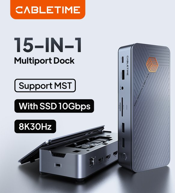 CABLETIME USB C Dockingstation HUB in Grau mit 8K 4K HDMI, DisplayPort, 1000Mbps Ethernet und 100W PD für MacBook, Windows und Laptop - Bild 1