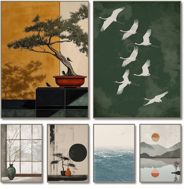 KAYOU Diamantmalerei Wandbild im Retro-Stil mit Bonsai-Bäumen und fliegenden Kranichen, rund, Mehrfarbig, Durchmesser: 30 cm - Bild 1