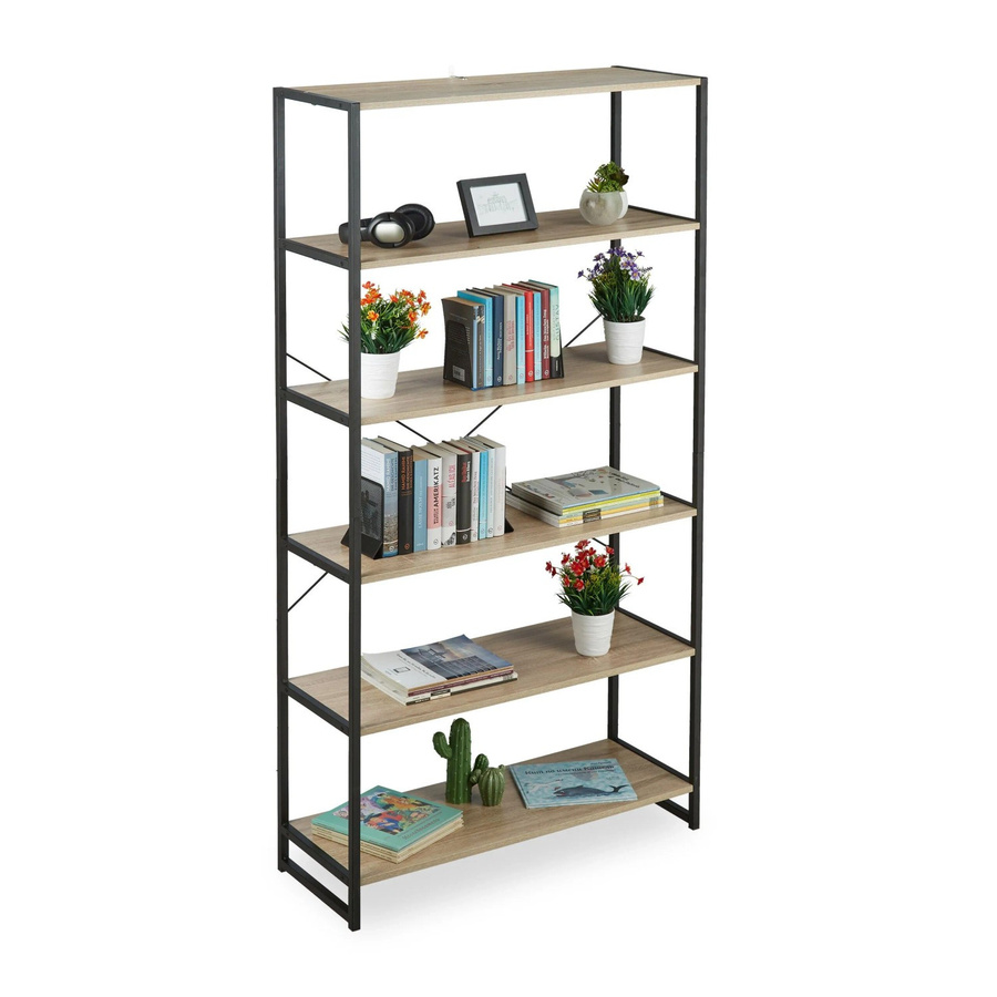 Relaxdays Standregal mit 6 Fächern im Industrial Design aus Metall und Holzwerkstoff, Braun/Schwarz, H: 180 cm, B: 95 cm, T: 35 cm - Bild 2