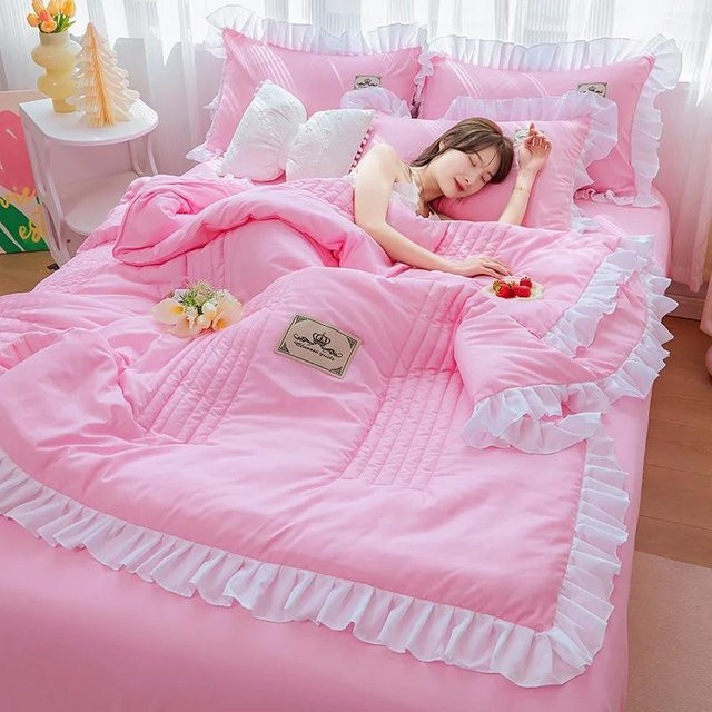 Super Six Sommersteppdecke aus Baumwolle und Spitze in Pink, B/B: 150 x 180 cm - Bild 1