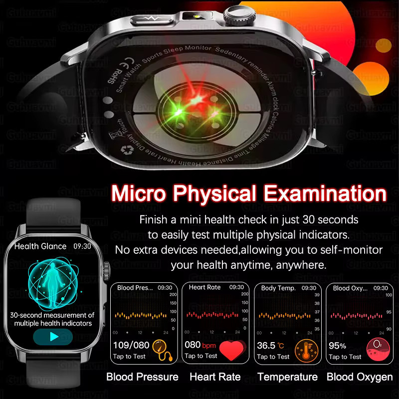 GUHUAVMI KI-Gesundheits-Smartwatch in Schwarz mit 2,0 Zoll HD-Display, EKG-Erkennung, Blutdruckanalyse und Bluetooth-Anruf-Funktion - Bild 3