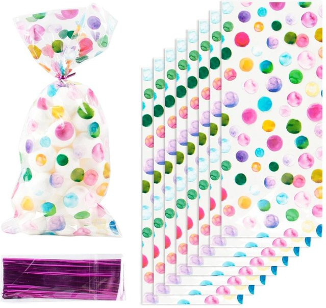 50 Stück NATAWA Regenbogen Polka Dot Leckerli-Beutel aus Kunststoff in Weiß und Mehrfarbig für Süßigkeiten und Gastgeschenke - Bild 1