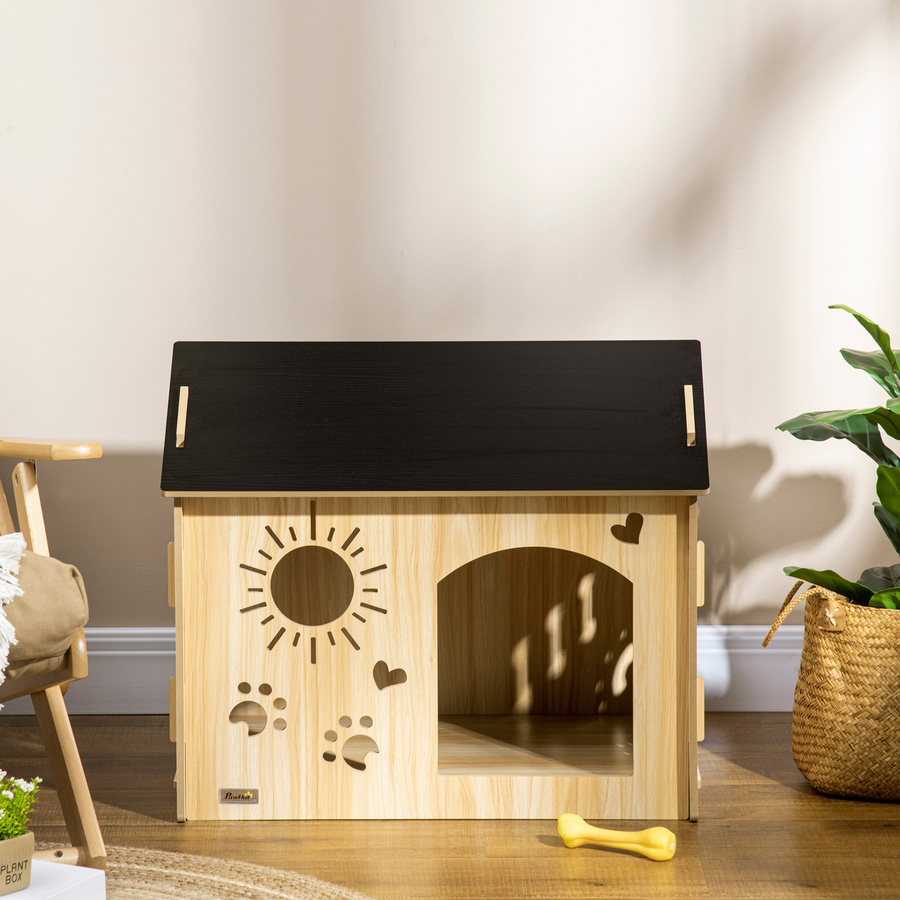 PawHut Hundehütte aus Holz im Landhaus-Design, wetterfestes Kleintierhaus mit erhöhtem Boden, Farbe: Schwarz/Eiche, B/H/L: 50 x 58,5 x 69 cm - Bild 2