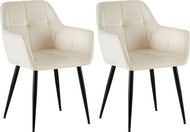 2er Set Esszimmerstühle CLP Emia Polsterstühle mit Samtbezug und Armlehnen in Beige mit Metallgestell - Bild 1