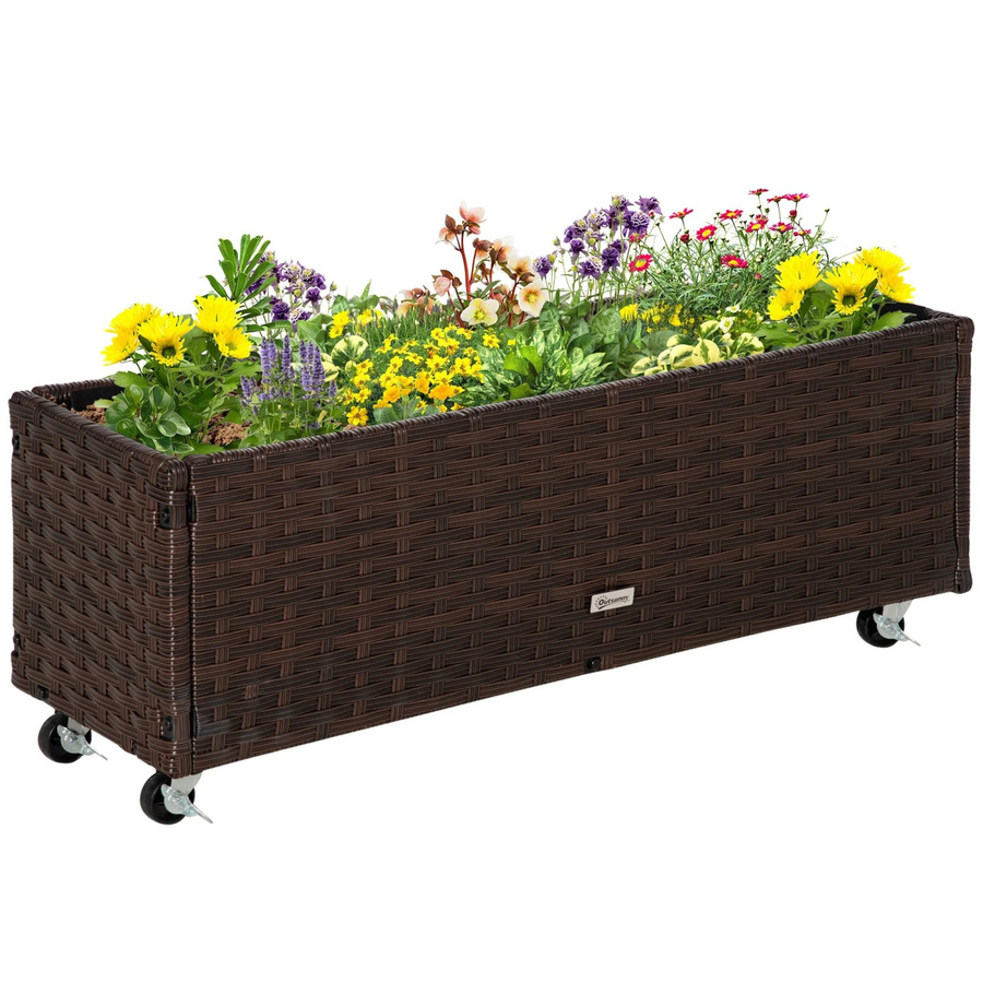 Outsunny Hochbeet aus PE-Rattan und Stahl in Kaffee Braun mit Rollen und Abflusslöchern, B: 31 cm, H: 36 cm, Volumen: 94,5 l - Bild 2