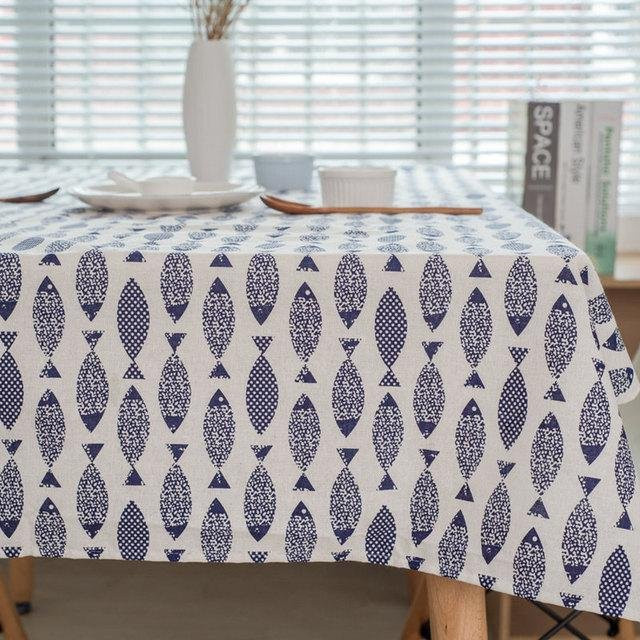 Waschbare Baumwoll-Leinen-Tischdecke von Your Warm Home mit blauem Fischmuster im japanischen Stil - Bild 1