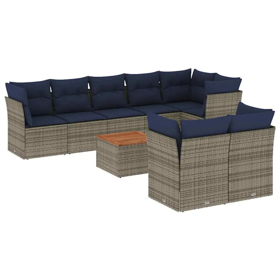 vidaXL 9-teilige Garten-Sofagarnitur in L-Form aus grauem Poly-Rattan mit Kissen und Akazienholz-Tisch - Bild 2