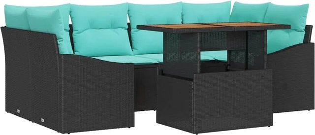 vidaXL Garten Essgruppe 7-teilig aus Poly-Rattan und Akazienholz in Schwarz und Teal - Bild 1