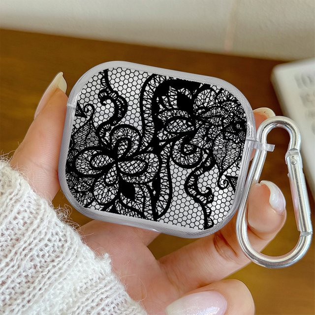 Transparente Kopfhörerhülle mit schwarzem Spitzenmuster für Apple AirPods Pro 3/2/1 und AirPods 4/3/2/1 als Softcover - Bild 1