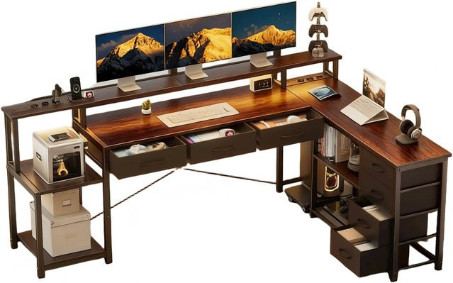 ThomP Eckschreibtisch in L-Form als moderner Gaming Tisch und Computertisch für dein Home Office in Braun - Bild 1