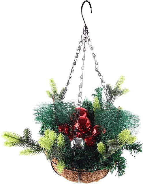 DIYelecs Künstlicher Weihnachts-Hängekorb aus UV-Seide in Rot mit Tannenzapfen, Kugeln und Lichtern - Bild 1