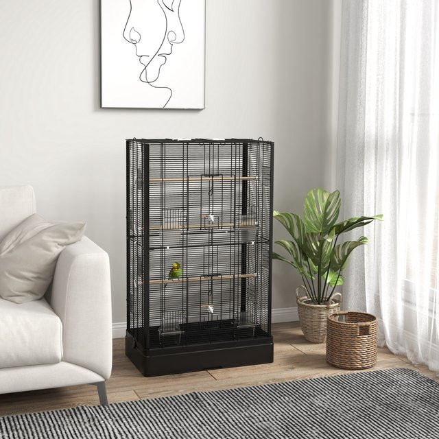 Pawhut Vogelkäfig aus Metall in Schwarz mit Türhängern und Schublade, B/T/H: 61 x 36,5 x 98 cm - Bild 1