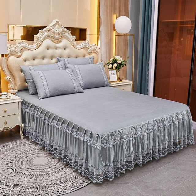 Minimalistischer Bettvolant aus Spitze im Prinzessinnenstil mit Lotusblatt-Doppelrand von Your Warm Home, Farbe: Grau, B/T/H: 150 x 200 cm, 3-teiliges Set - Bild 1