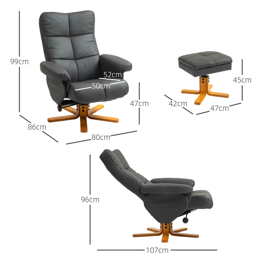 HOMCOM Relaxsessel mit Hocker, 360 Grad drehbarer Fernsehsessel mit Liegefunktion aus Kunstleder für Wohnzimmer und Schlafzimmer, Dunkelgrau, Braun, Cremeweiß - Bild 3