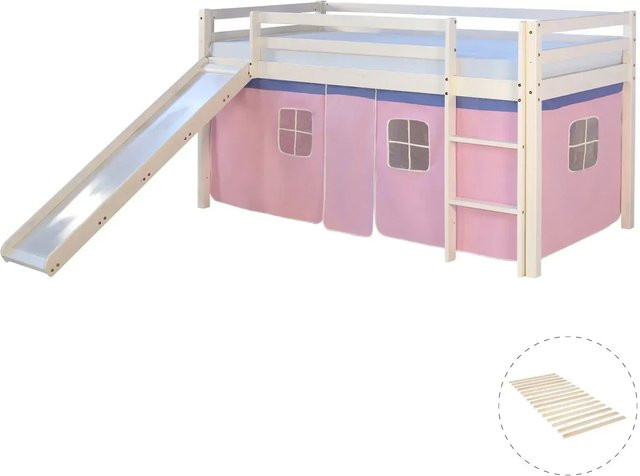Homestyle4u Hochbett für Kinder aus Kiefernholz mit Rutsche und Vorhang in Weiß, B/T/H: 219,5 x 90 x 207,5 cm - Bild 1