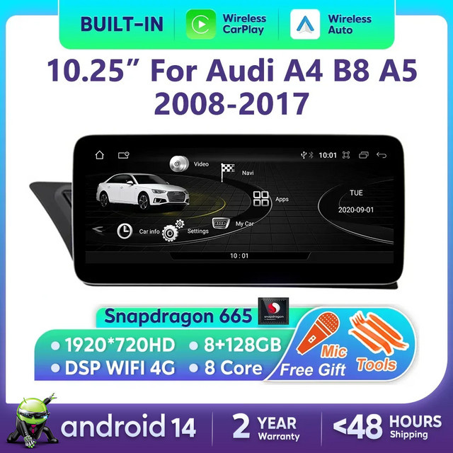 Nunoo Android 14 Auto-Multimedia-Player für Audi A4 B8 und A5 2008–2017 mit kabellosem CarPlay und Navigation in Schwarz - Bild 1