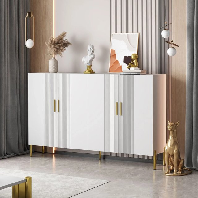 Merax Sideboard Stauraumschrank mit 4 Türen in Weiß und Goldoptik, B/T/H: 160 x 35 x 100 cm - Bild 1