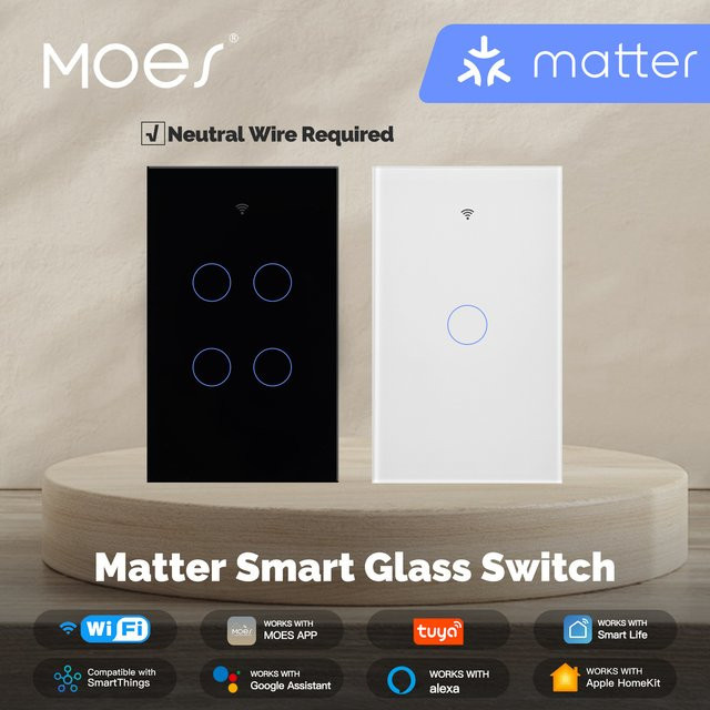 MOES Tuya WiFi Matter Smart Lichtschalter, US Glass Touch in Weiß, feuerfest, kompatibel mit Alexa, Google Home und Apple HomeKit, Neutralleiter erforderlich - Bild 1