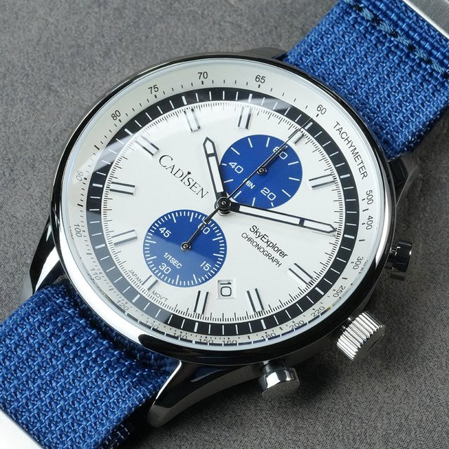 CADISEN Armbanduhr Chronograph, Quarz, Edelstahl, Textil/NATO, Schwarz, Herren - Bild 1