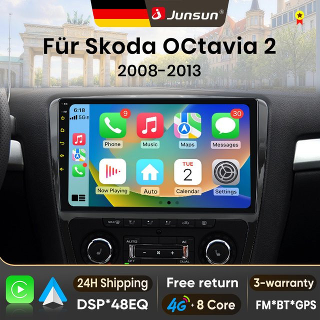Junsun Android 15 Autoradio für Skoda Octavia 2 A5 2008-2013 mit 10 Zoll IPS-Bildschirm, kabelloses Apple CarPlay und Wi-Fi, Schwarz - Bild 1