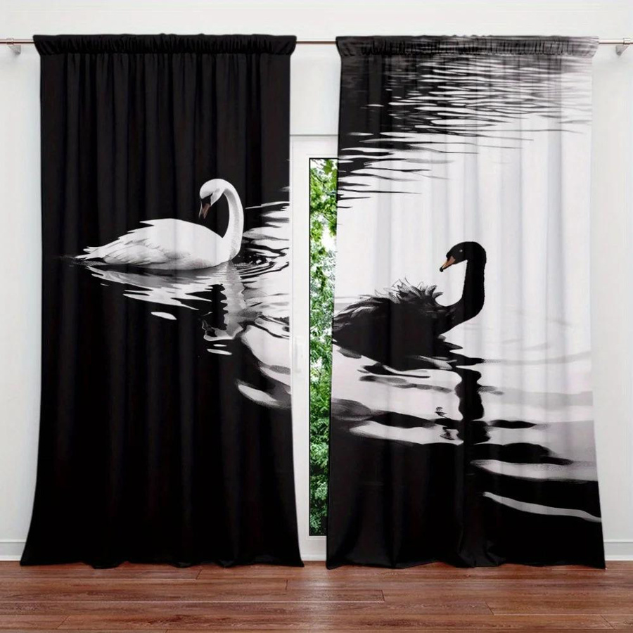 Yiran Furniture 2er-Set halbtransparente Fenstervorhänge mit 3D-Druck Motiv Schwäne und Rose, Polyester, Mehrfarbig, B: 100 cm, H: 130 cm - Bild 2