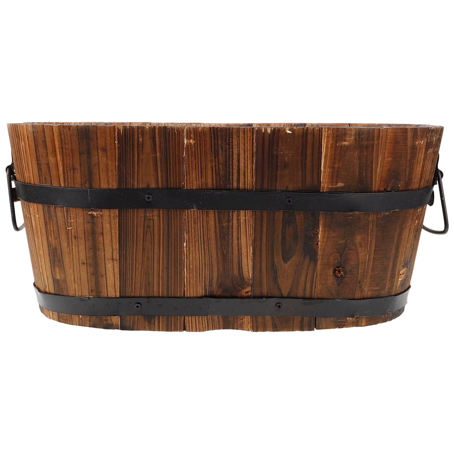 Rustikaler Blumentopf aus Holz in Braun im Fass-Design, ovaler Pflanzkübel für Garten und Innenbereich, B/T/H: 39,0 x 23,0 x 17,0 cm - Bild 2