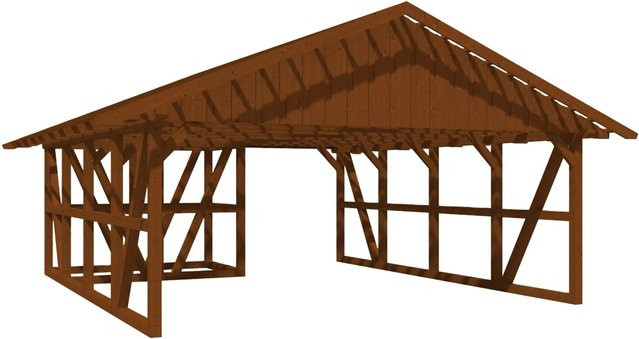 Skan Holz Carport Schwarzwald aus Fichtenholz mit Satteldach, Dachlattung und Abstellraum, Farbe Nussbaum, B: 684 cm, T: 772 cm - Bild 1
