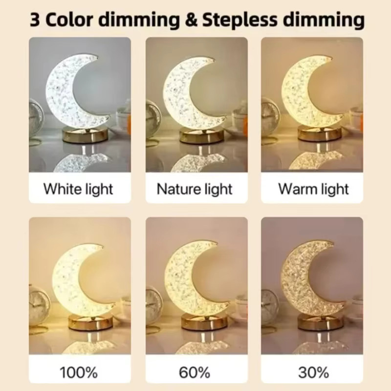 XIWANGFIRE Kristall-Tischlampe Mond-Stern LED-Nachtlicht mit Touch-Schalter, dimmbare 3D-Mondlampe als Ramadan-Raumdekoration - Bild 4