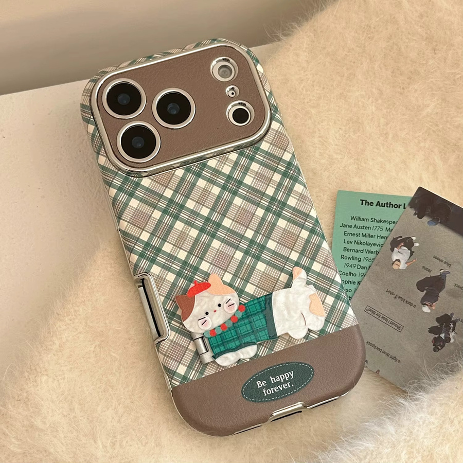 Handyhülle aus Kunstleder mit grünem Gittermuster und süßem Katzenmotiv für iPhone 17 16 15 14 13 12 Pro Max Plus inklusive Halterung - Bild 2