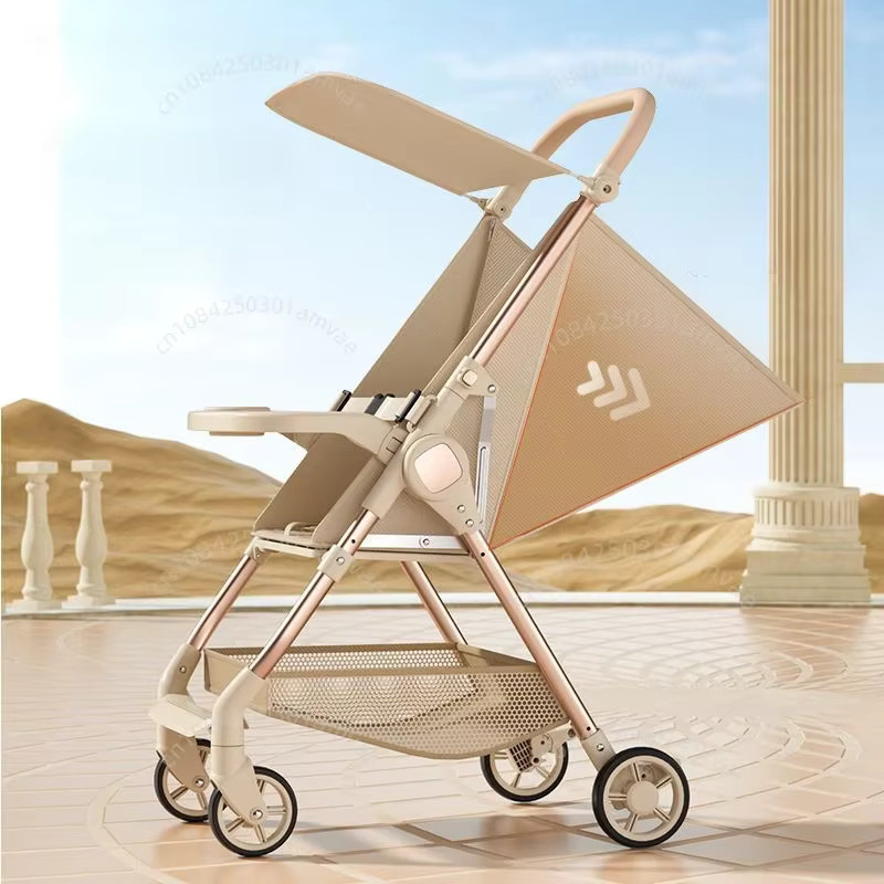 Ultraleichter Buggy von Warm house in Weiß und Beige, faltbar mit verstellbarer Rückenlehne, Esstablett und Regenschirm - Bild 2