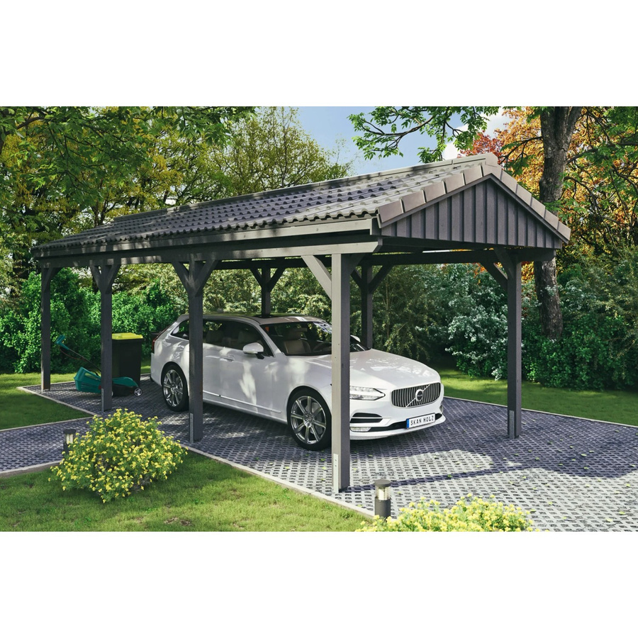 Skan Holz Carport Fichtelberg aus Fichte Leimholz in Grau mit spitzer Dachform und Dachziegeln, Breite: 317 cm, Höhe: 303 cm - Bild 2