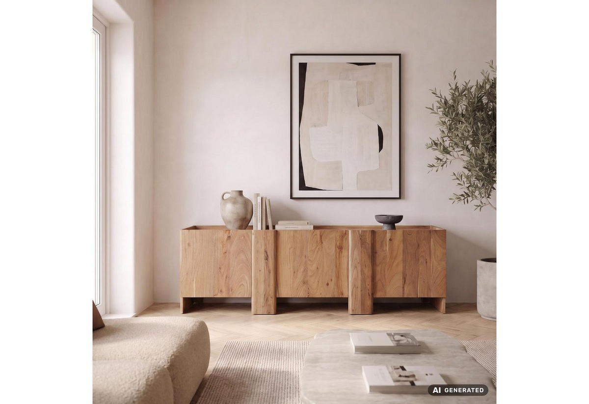 Finebuy Sideboard Akazie Massivholz Anrichte mit 3 Türen, Braune Holzkommode Handmade, Breite: 165 cm - Bild 1