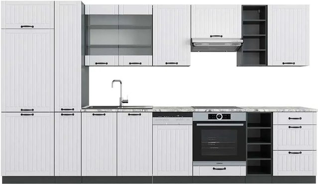 Vicco Fame-Line Küchenzeile im Landhausstil in Weiß und Anthrazit mit Marmor-Optik, Breite: 355 cm - Bild 1