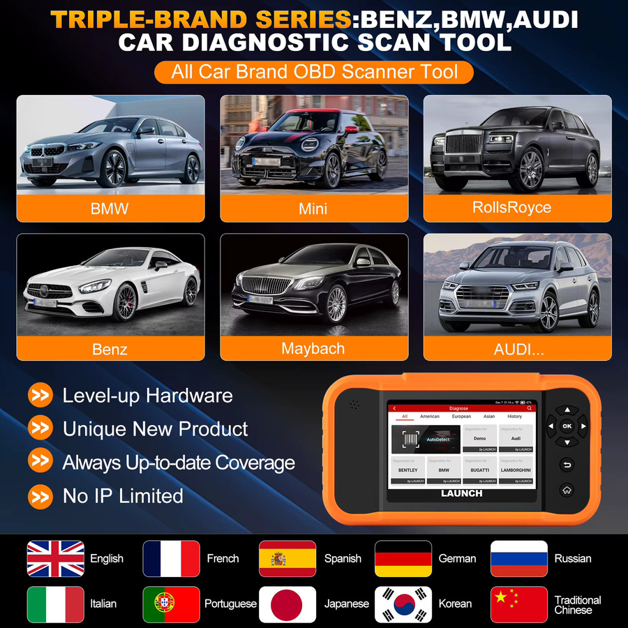 LAUNCH X431 Creader Elite 2.0 OBD2 Scanner mit bidirektionalem Scan-Tool und ECU-Codierung für BMW, Benz, VW, Audi, Maybach, Mini und Rolls-Royce in Orange - Bild 7