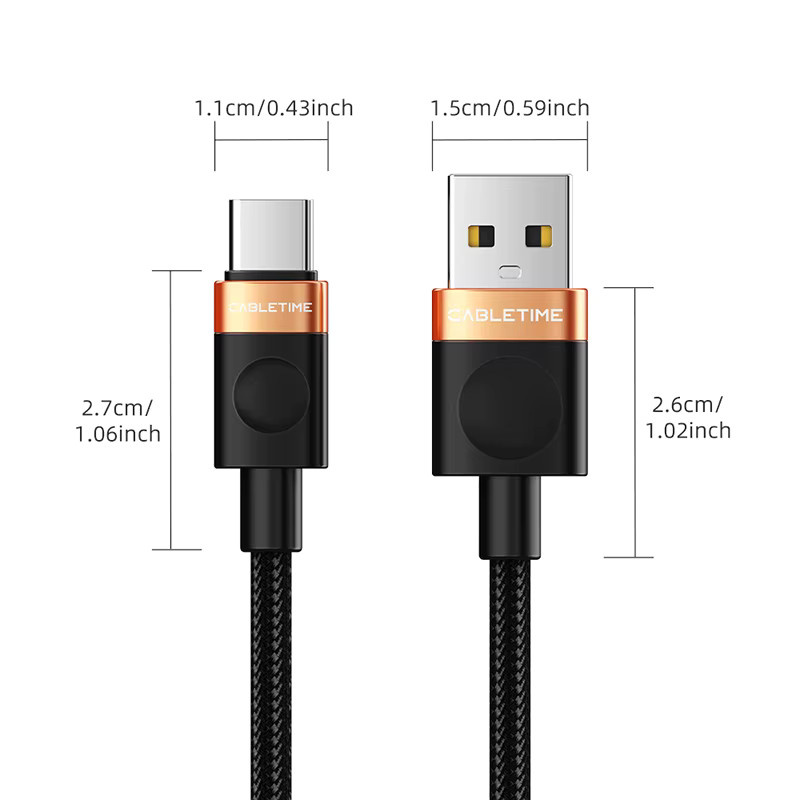 CABLETIME USB-A auf USB-C Kabel in Schwarz mit 480 Mbit/s Datenübertragung und geflochtener Ummantelung - Bild 2
