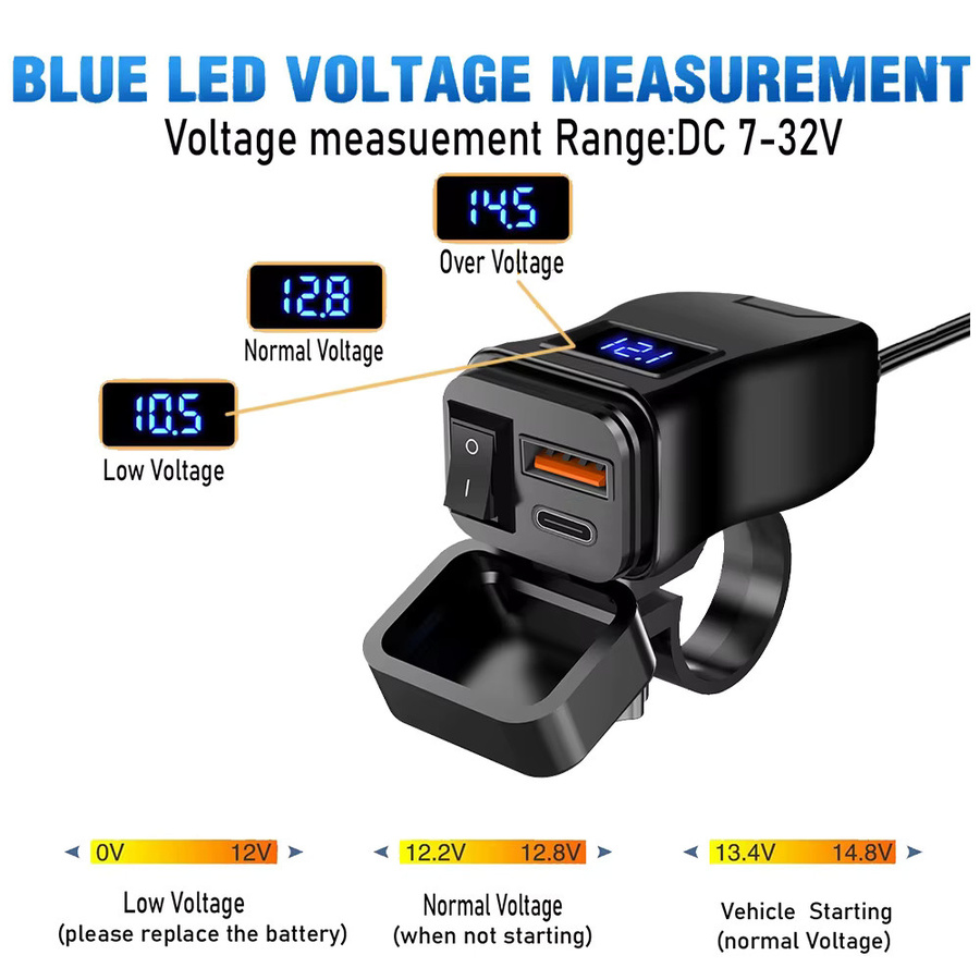 Wasserdichtes Motorrad USB Ladegerät für Lenker mit PD und QC3.0 Dual USB Buchsen, 60 W, 12 V Netzteil Adapter mit Schalter und Voltmeter, Schwarz - Bild 3