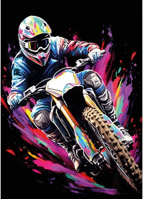 Aquarell-Leinwandbild Motocross von Libra Art Museum, mehrfarbiges Motorrad-Wandbild als Poster, B/H: 40 x 60 cm - Bild 1