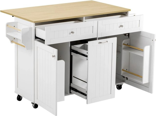 okwish Kücheninsel mit Rollen und ausziehbaren Multifunktionsschubladen, Weiß, B: 140 cm, T: 40-70 cm, H: 92 cm - Bild 1