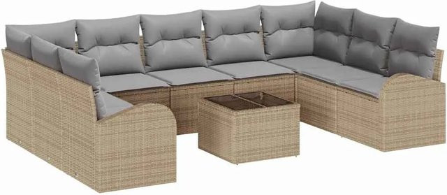 vidaXL Garten-Sofa-Set 10-teilig aus Poly-Rattan in Beige mit Polsterkissen und Tisch, U-Form - Bild 1