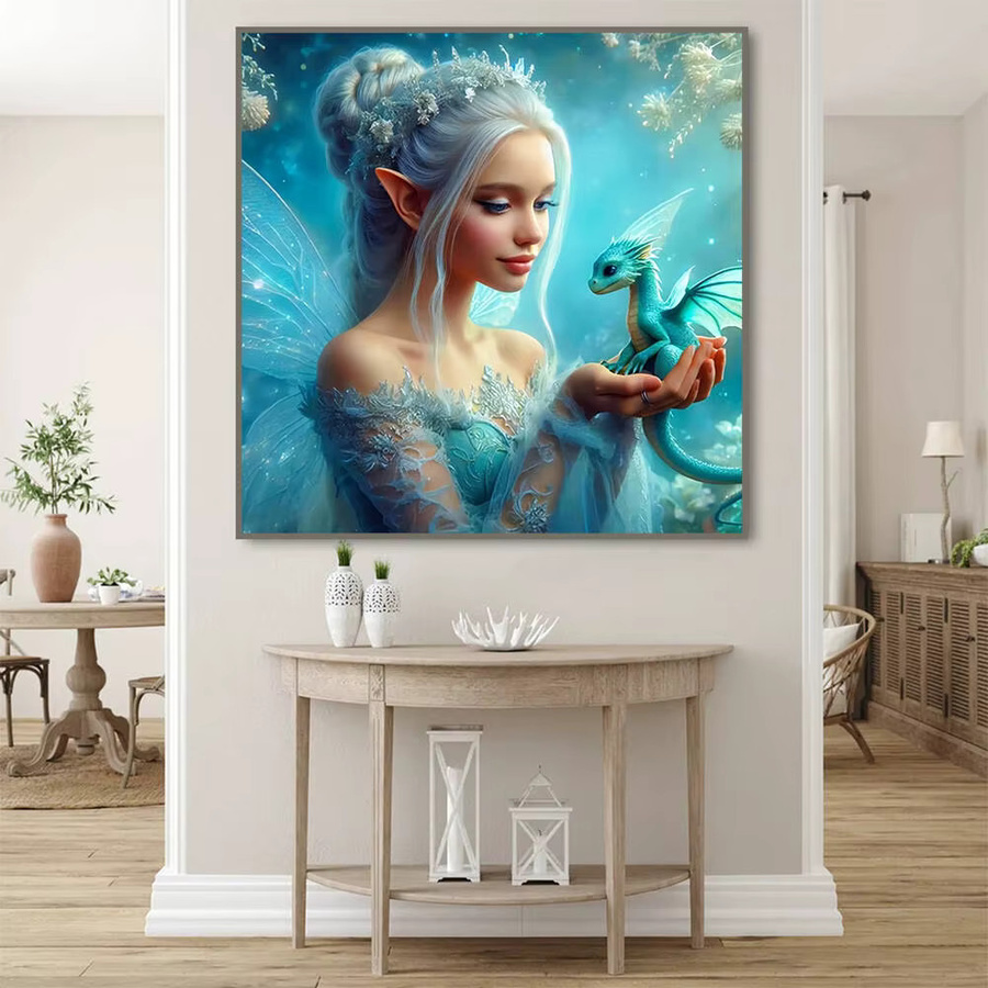 Huacan Diamantmalerei Frauen Porträt mit Drachen als Mosaik Bild in Multicolor, B/H: 30 x 30 cm - Bild 3