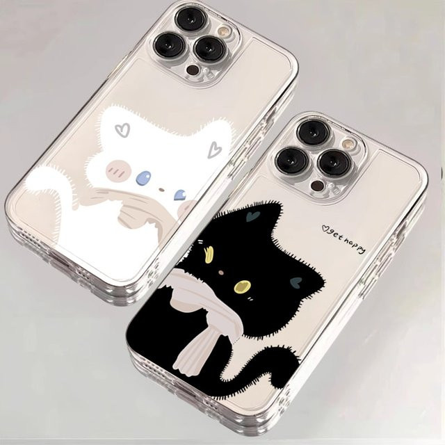 Transparente Handyhülle mit Cartoon Schwarz Weiß Katzen Paar für Apple iPhone 16 15 14 13 12 11 Pro Max Plus Mini SE 7 8 XR XS - Bild 1