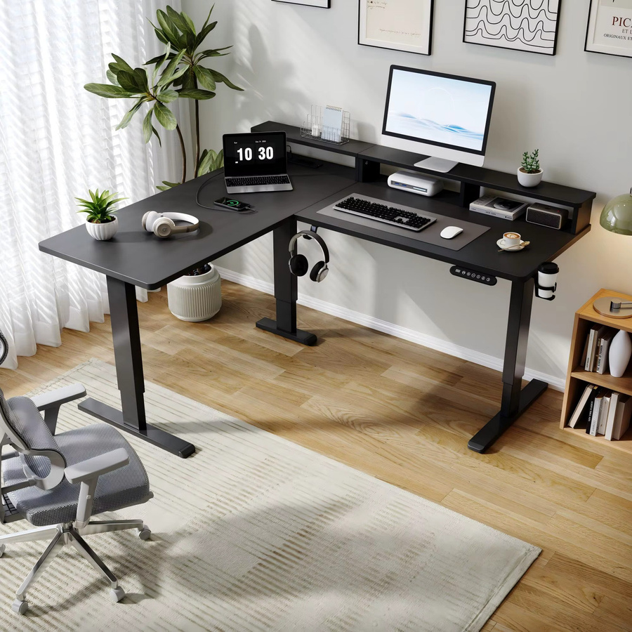 ThomP Elektrischer L-Form Schreibtisch mit 3 Motoren und Memory Steuerung, Eckschreibtisch in Schwarz mit Monitorständer, Kopfhörerhalter und Getränkehalter, Tischplatte aus Holz, B/T: 160 x 140 cm - Bild 2