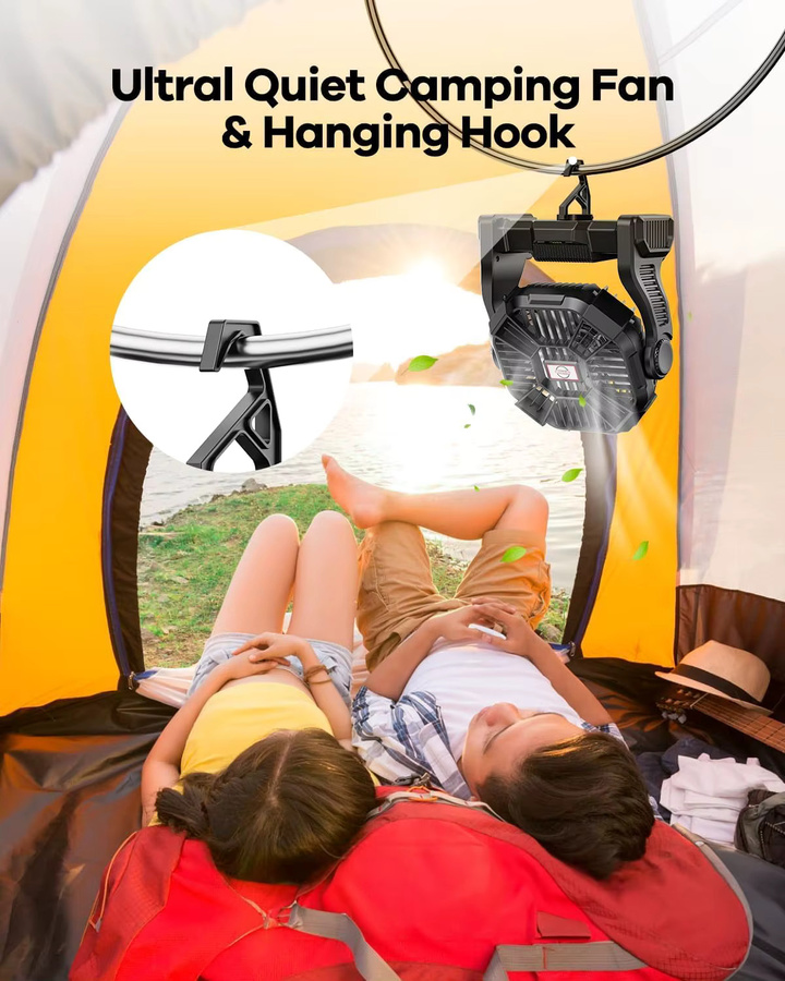 Tragbarer Camping-Ventilator mit 30000mAh Akku und LED-Laterne, wiederaufladbarer Outdoor-Ventilator für Reisen und Schlafzimmer in Pink oder Schwarz - Bild 5