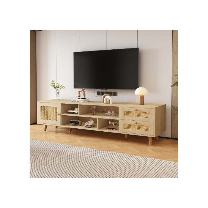 MUVOE TV-Möbel aus Rattan in Beige mit 160 cm Breite, 2 Schubladen und 1 Tür für bis zu 70 Zoll Fernseher - Bild 2