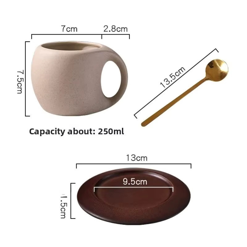 Keramik-Kaffeetasse mit Untertasse und Holzuntersetzer, Retro-Design Floral in Beige, Set bestehend aus Tasse, Untertasse, Löffel und Holzuntersetzer - Bild 5