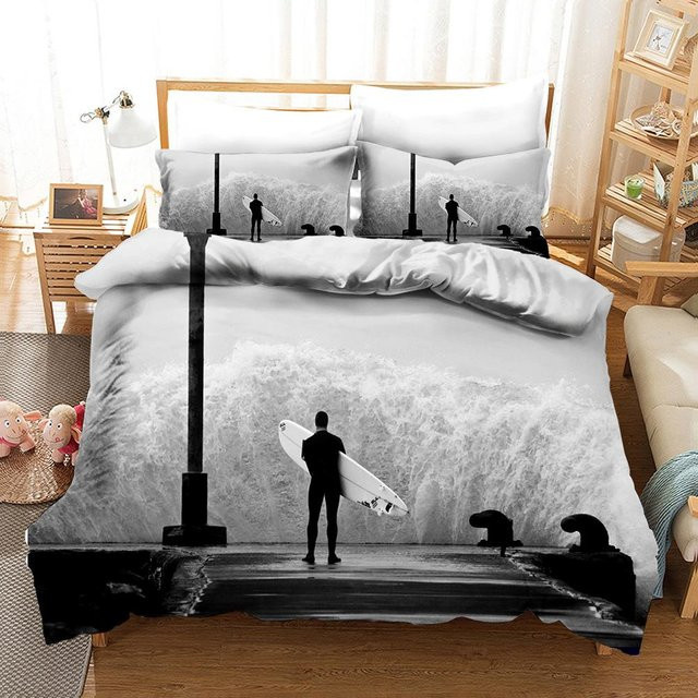 Bettwäsche-Set mit Surfer- und Ozean-Motiv von Binchi Outdoor Product, weißes Polyester-Mikrofaser-Set für Teenager, B/H: 135 x 200 cm - Bild 1