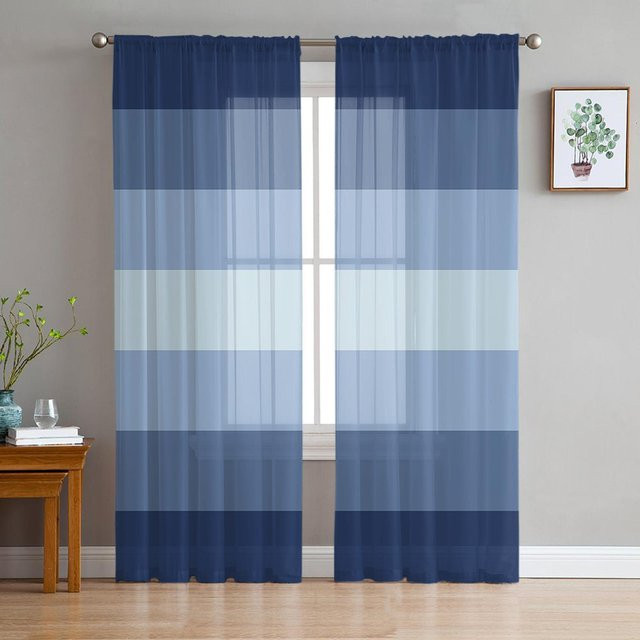 Marineblaue gestreifte transparente Vorhänge aus Tüll, Voile und Organza für Wohnzimmer und Küche, B: 135 cm, H: 115 cm - Bild 1